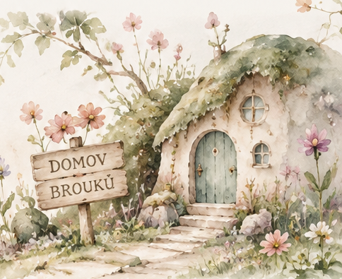 Akvarelový domek se štítkem Domov Brouků